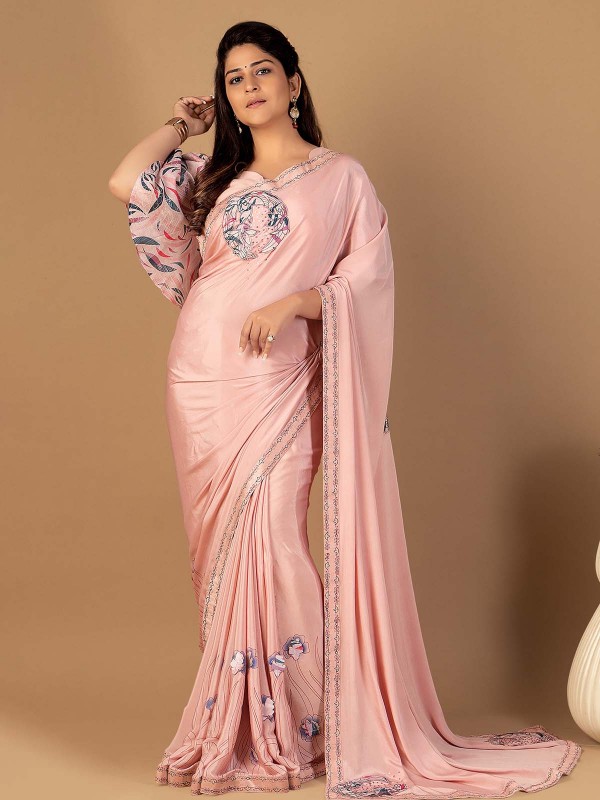 Light Peach Fancy Dyed Digital Print Saree